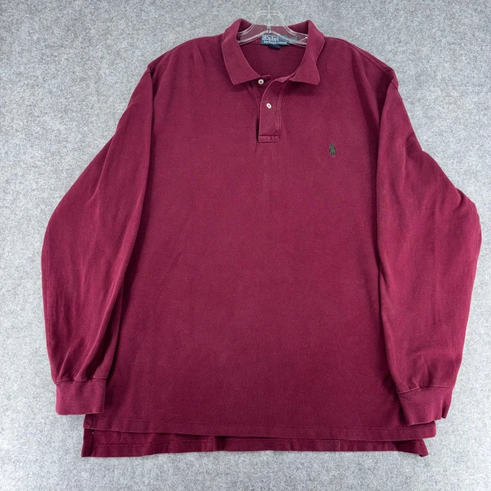 Ralph Lauren Mens XXL Long Sleeve Polo Shirt Burgundy Maroon Cotton Pique Y2K